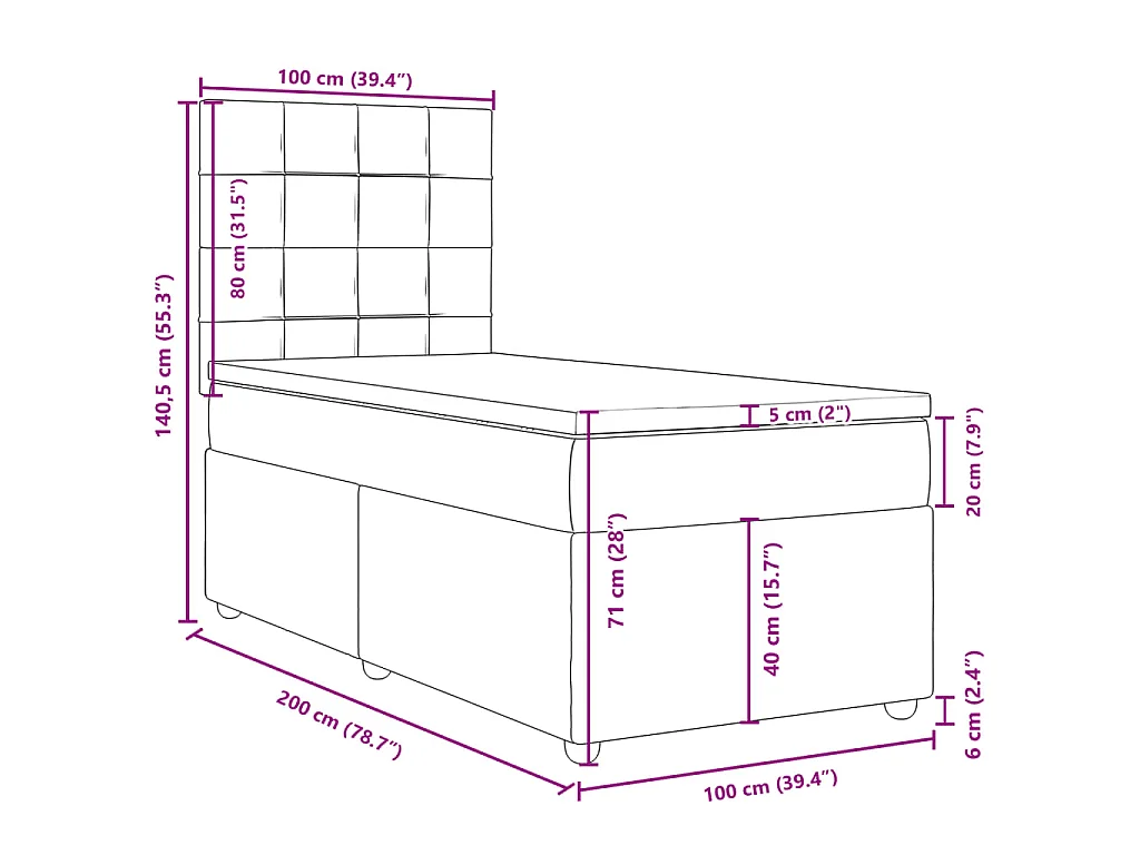 Cama box spring con colchón tela azul 100x200 cm