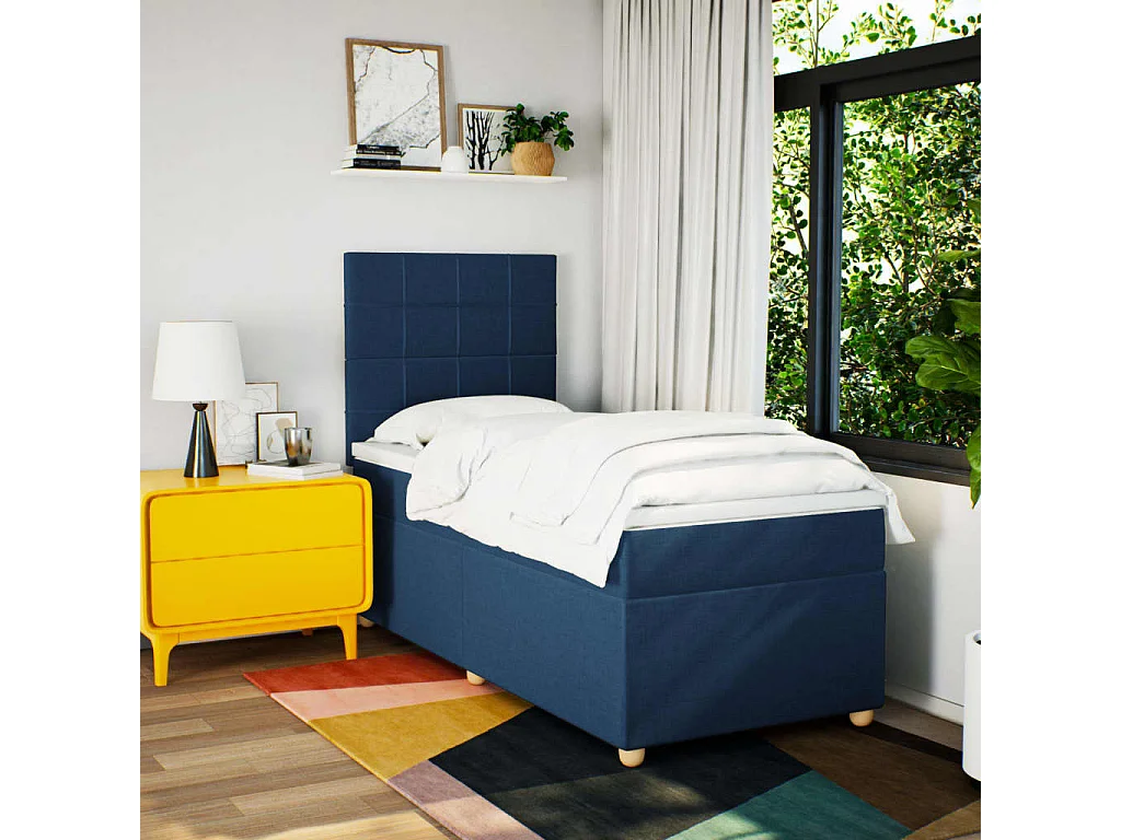 Cama box spring con colchón tela azul 100x200 cm