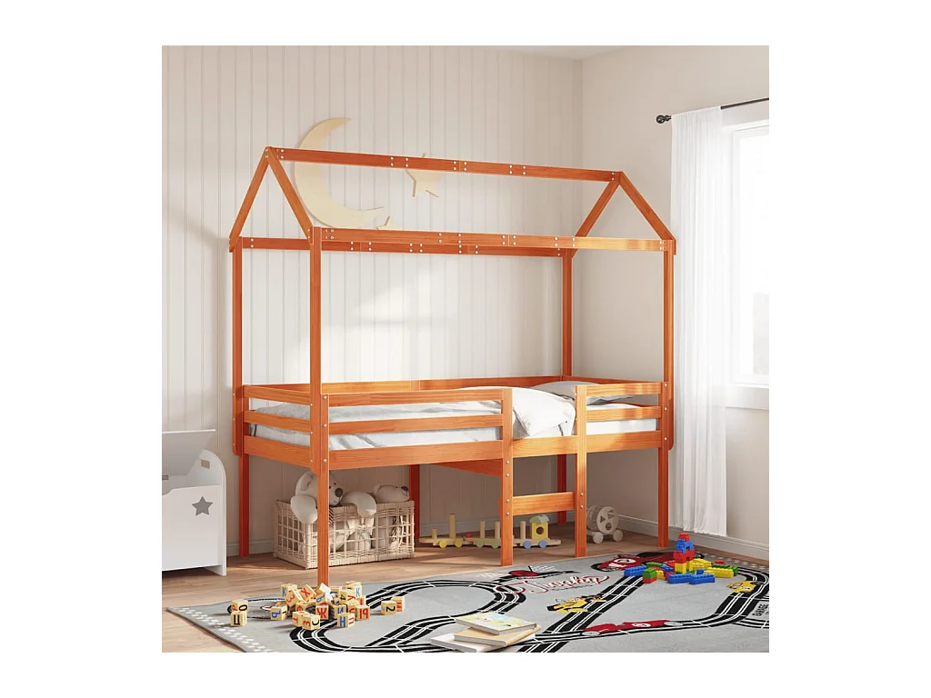 Hochbett mit Dach Wachsbraun 90x190 cm Massivholz Kiefer