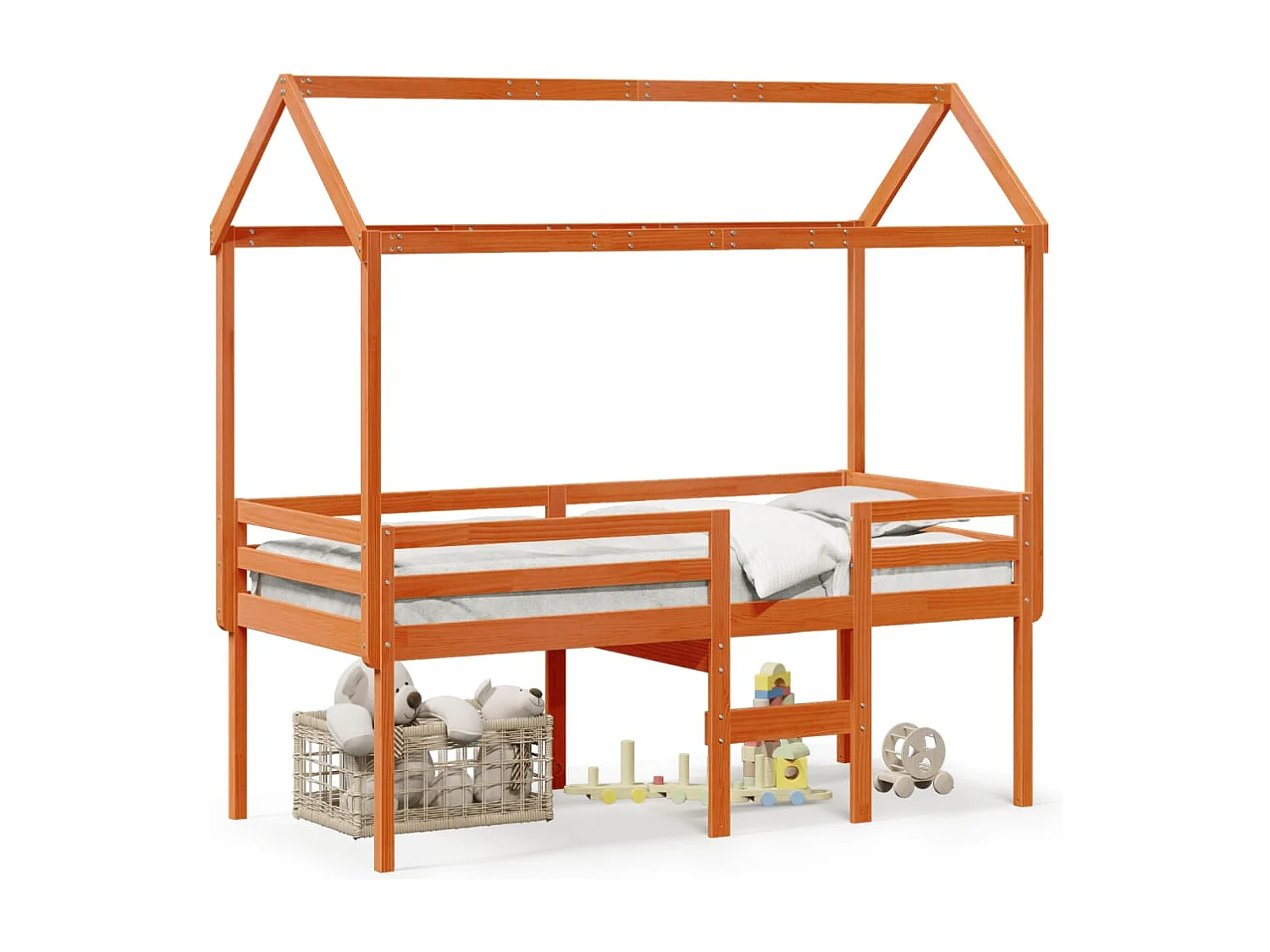 Hochbett mit Dach Wachsbraun 90x190 cm Massivholz Kiefer