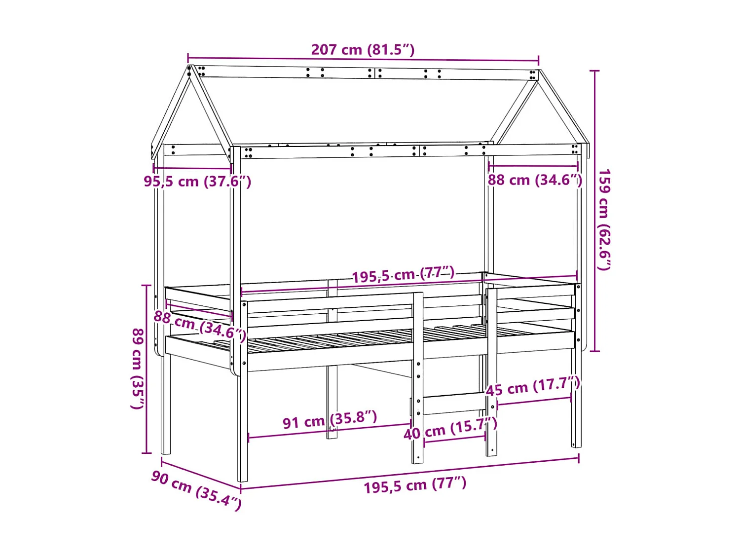 Hochbett mit Dach Wachsbraun 90x190 cm Massivholz Kiefer