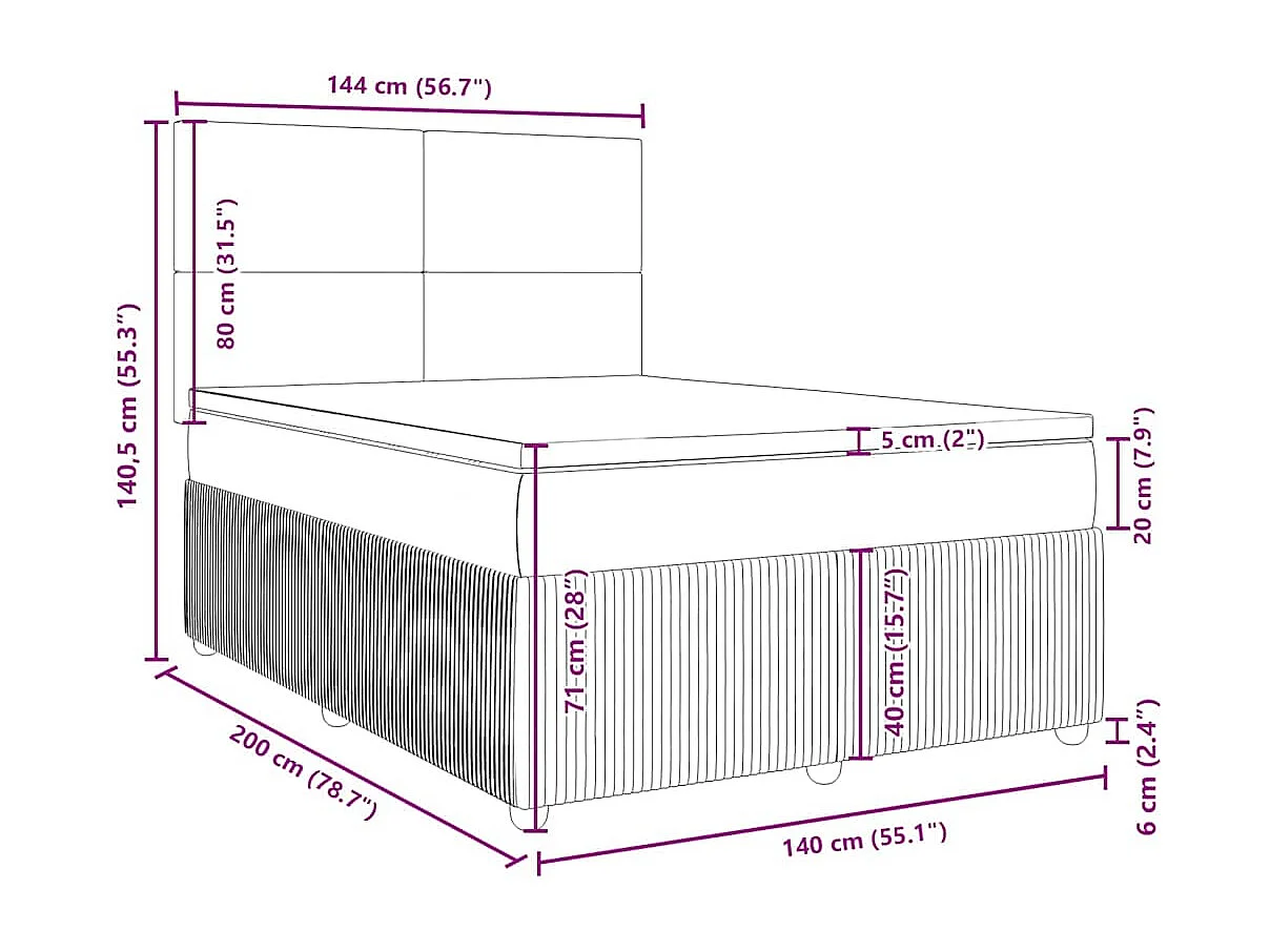 Cama box spring con colchón terciopelo gris oscuro 140x200 cm