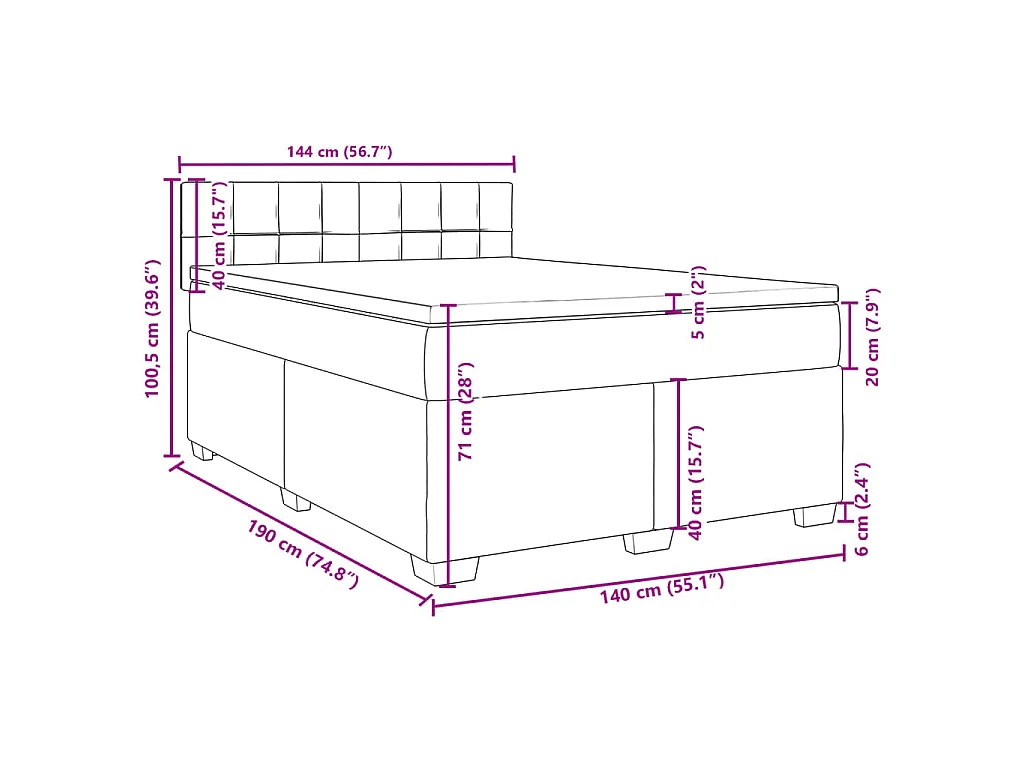 Cama box spring con colchón terciopelo gris claro 140x190 cm