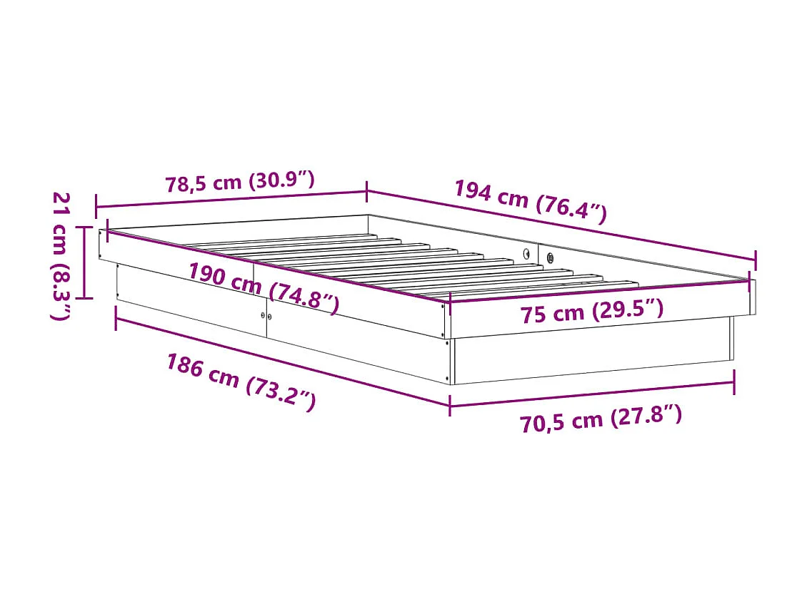 Cadre de lit à LED sans matelas 75x190 cm bois massif