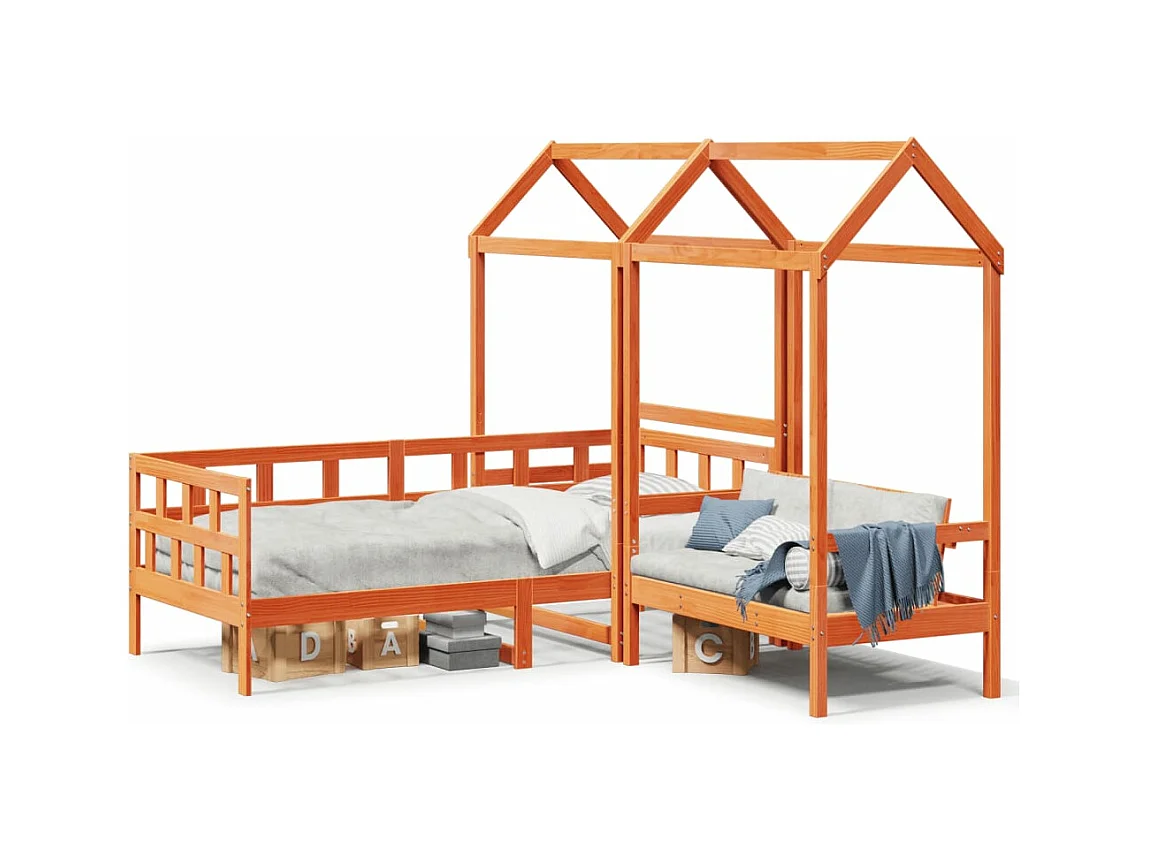 Tagesbett Set mit Dach Wachsbraun 90x200 cm Massivholz Kiefer