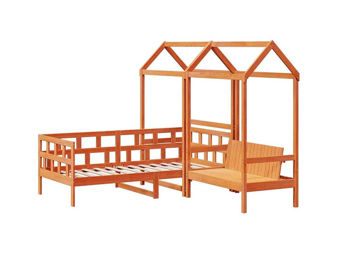 Tagesbett Set mit Dach Wachsbraun 90x200 cm Massivholz Kiefer