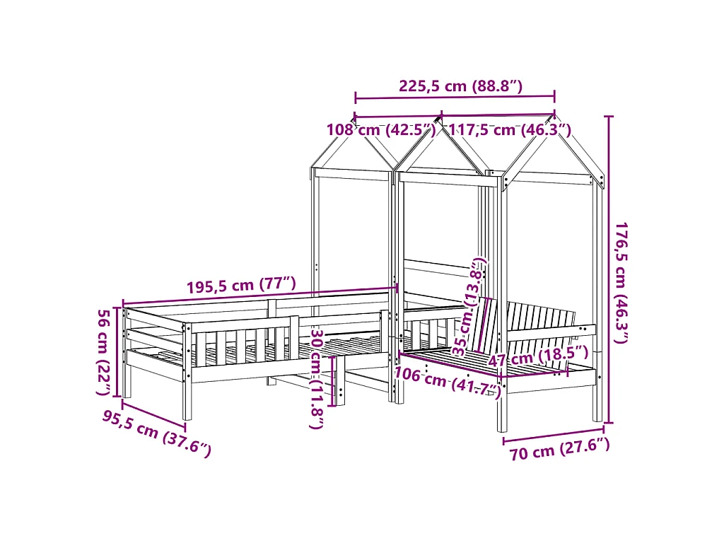 Ensemble de lit et de banc avec toit sans matelas 90x190 cm
