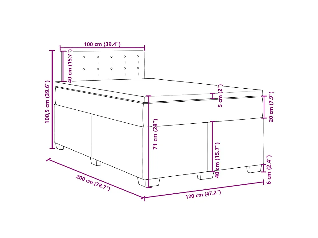 Cama box spring con colchón terciopelo rosa 120x200 cm