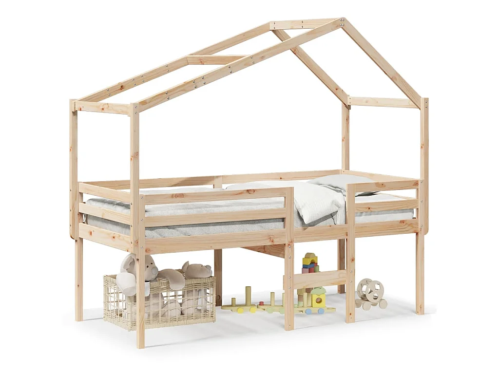Letto a Soppalco con Tetto 90x190 cm Legno Massello di Pino