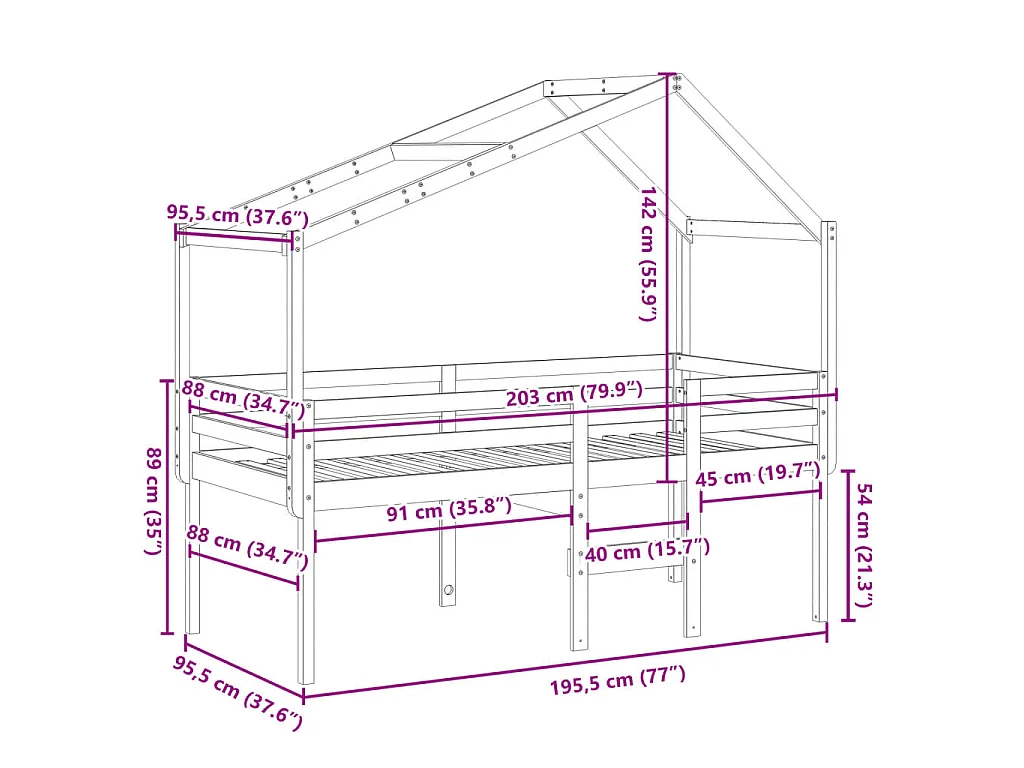 Letto a Soppalco con Tetto 90x190 cm Legno Massello di Pino