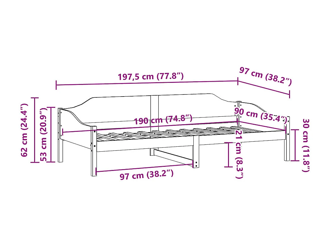 Letto senza Materasso 90x190 cm in Legno Massello di Pino