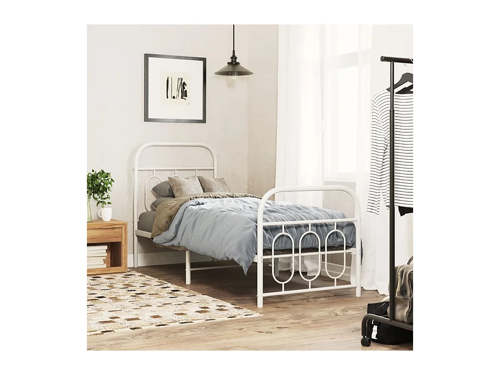 Cadre de lit métal sans matelas avec pied de lit blanc 75x190cm
