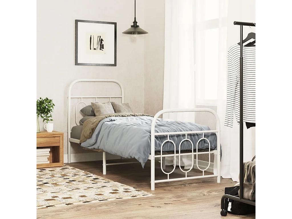 Cadre de lit métal sans matelas avec pied de lit blanc 75x190cm
