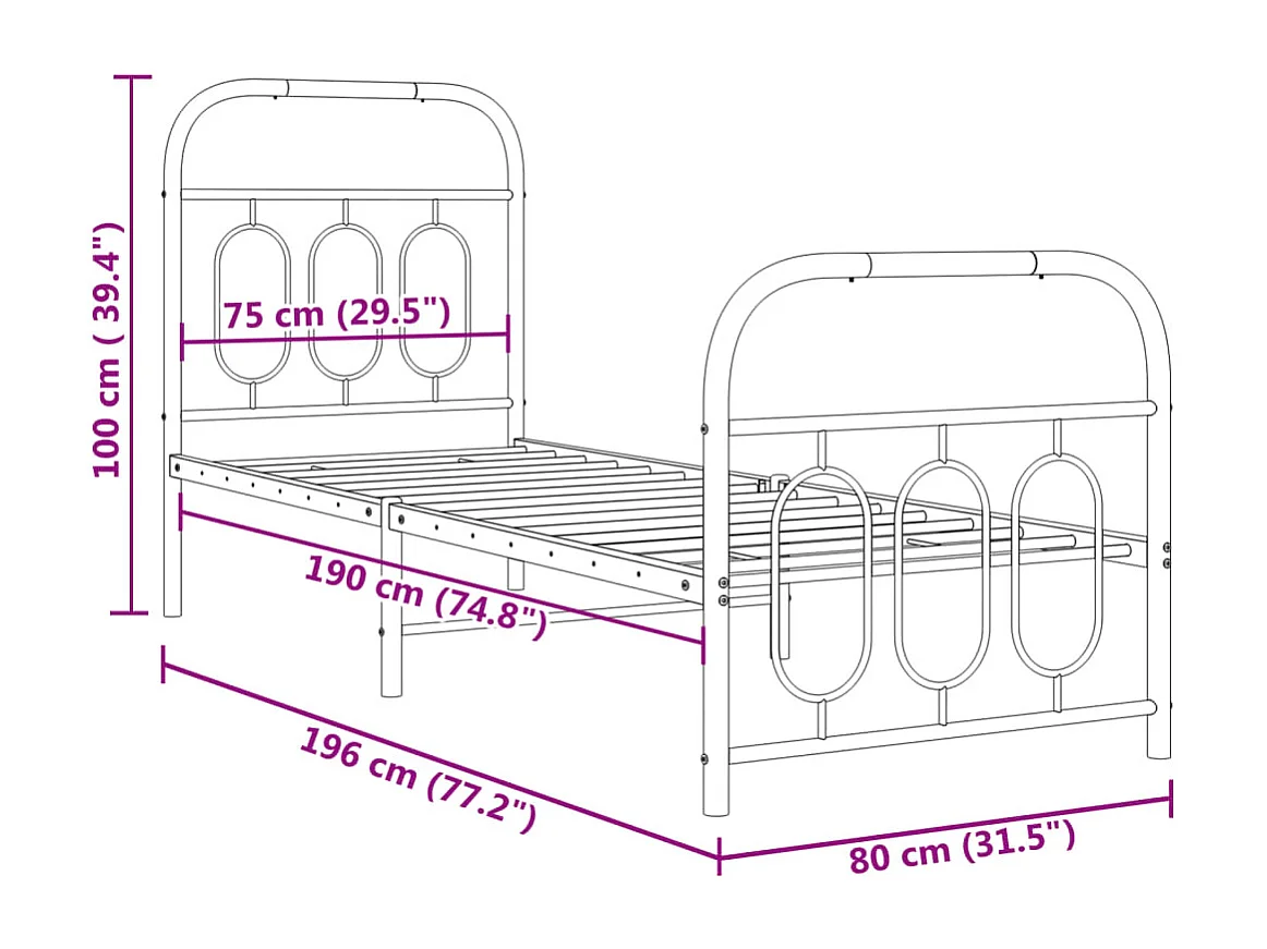 Cadre de lit métal sans matelas avec pied de lit blanc 75x190cm