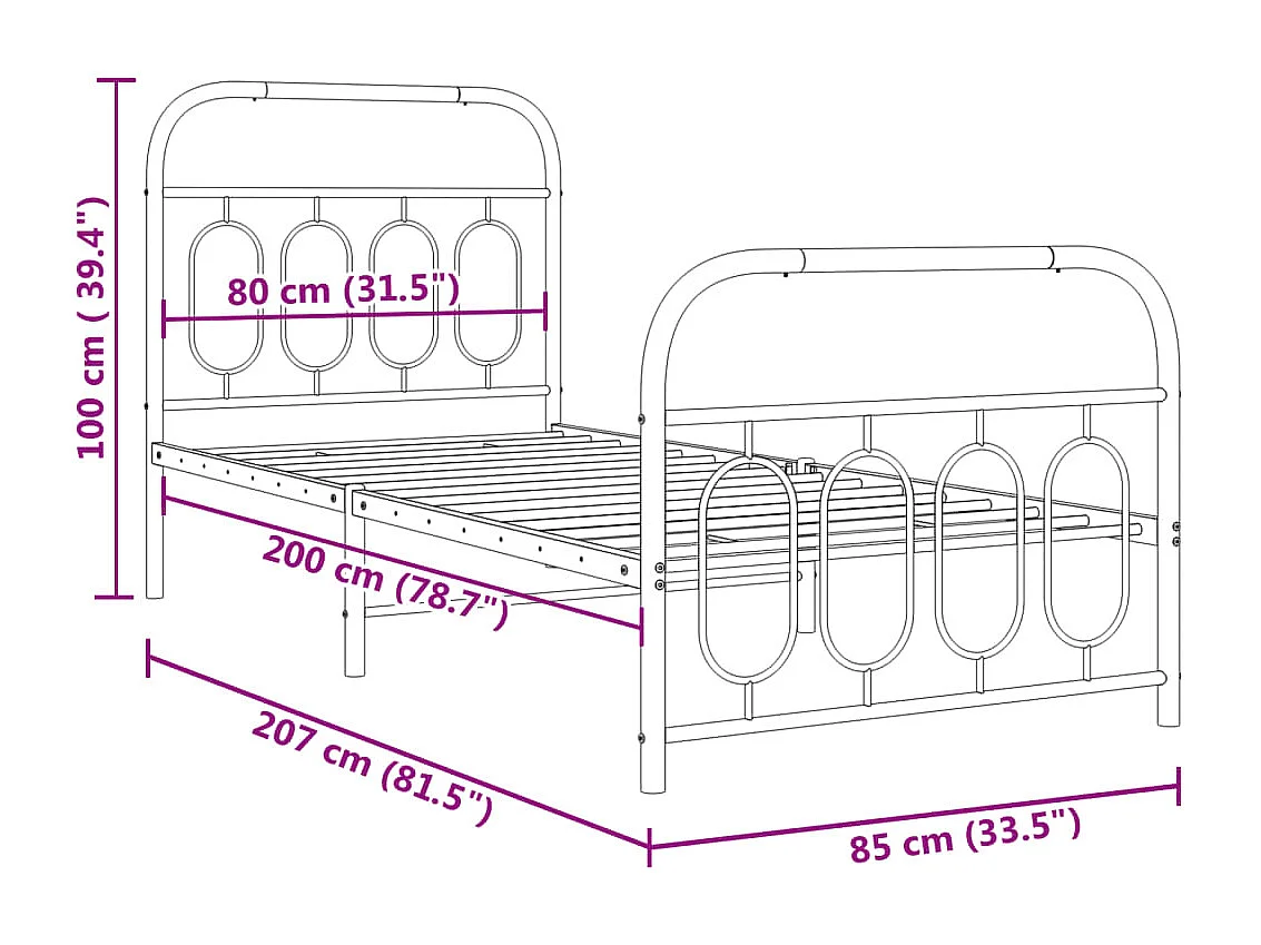 Cadre de lit métal sans matelas avec pied de lit blanc 80x200cm
