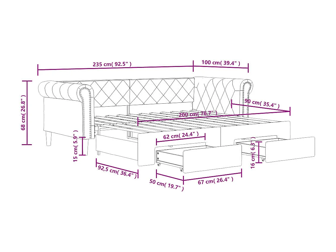 Slaapbank met onderschuifbed en lades 90x200 cm kunstleer