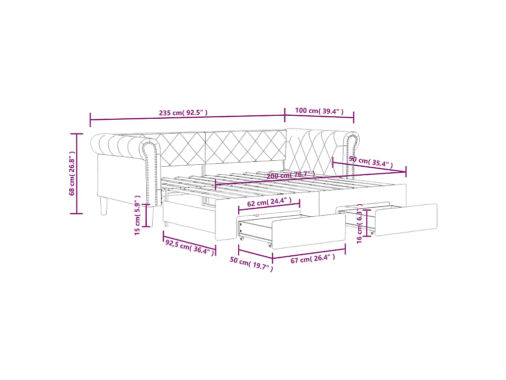 Slaapbank met onderschuifbed en lades 90x200 cm kunstleer