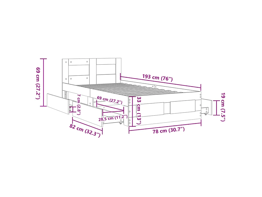 Bettgestell mit Kopfteil Grau Sonoma 75x190 cm Holzwerkstoff