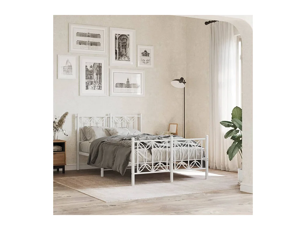 Cadre de lit métal sans matelas et pied de lit blanc 120x190 cm