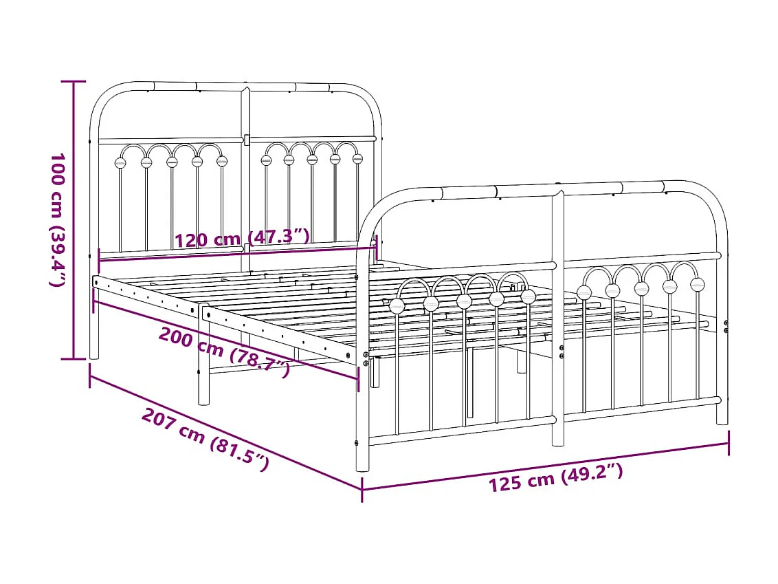 Cadre de lit métal sans matelas avec pied de lit noir 120x200cm
