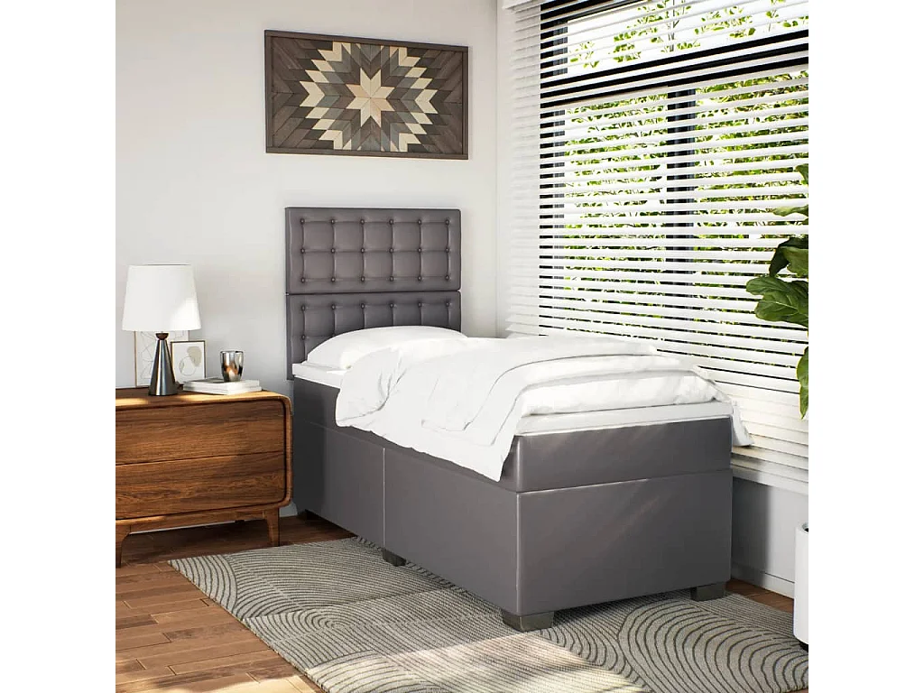 Cama box spring con colchón cuero sintético gris 80x200 cm