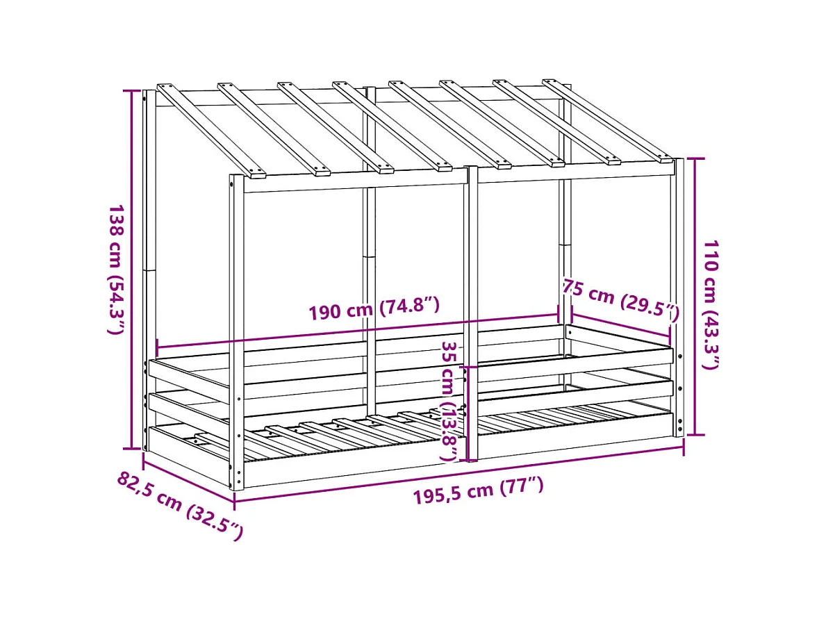 Kinderbed met bedhuis 75x190 cm massief grenenhout wasbruin