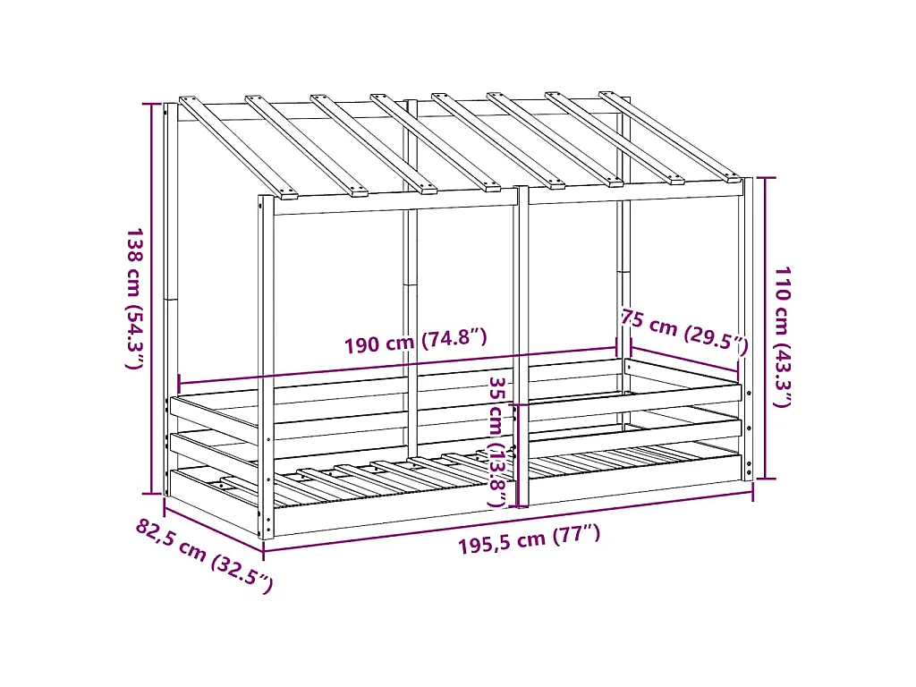 Kinderbed met bedhuis 75x190 cm massief grenenhout wasbruin