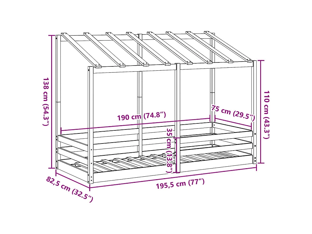 Kinderbed met bedhuis 75x190 cm massief grenenhout wasbruin