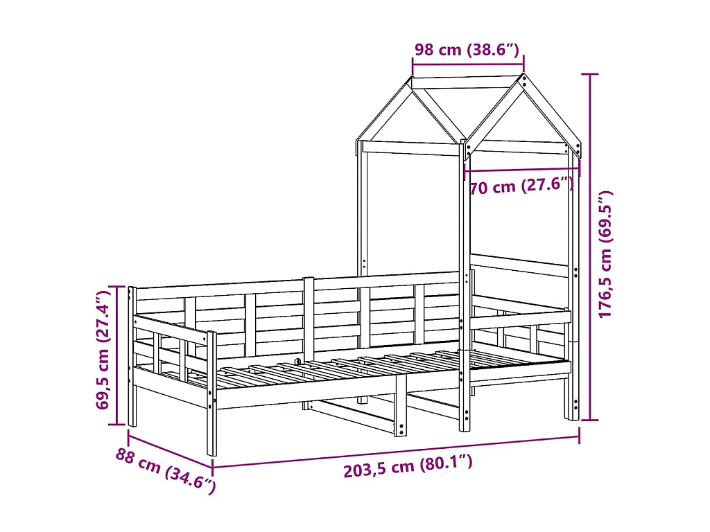 Dormeuse con Tetto 80x200 cm in Legno Massello di Pino