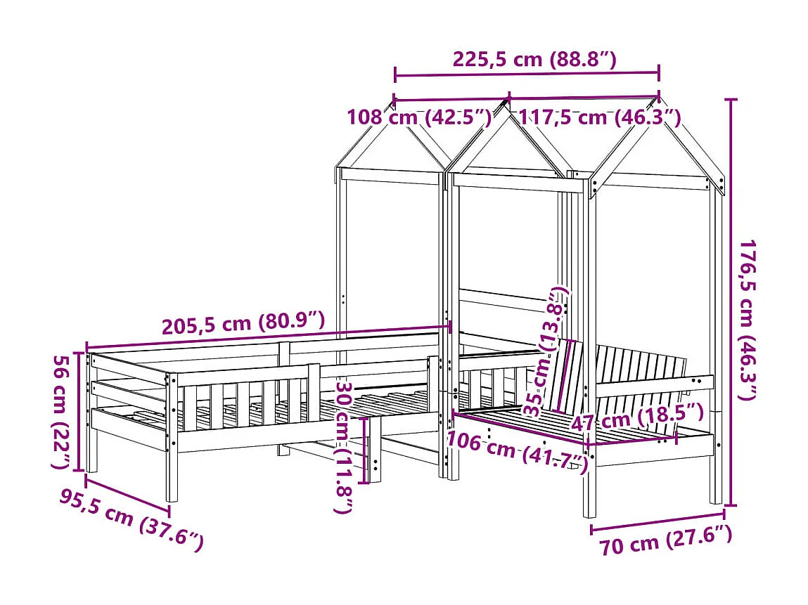 Ensemble de lit et de banc avec toit sans matelas 90x200 cm