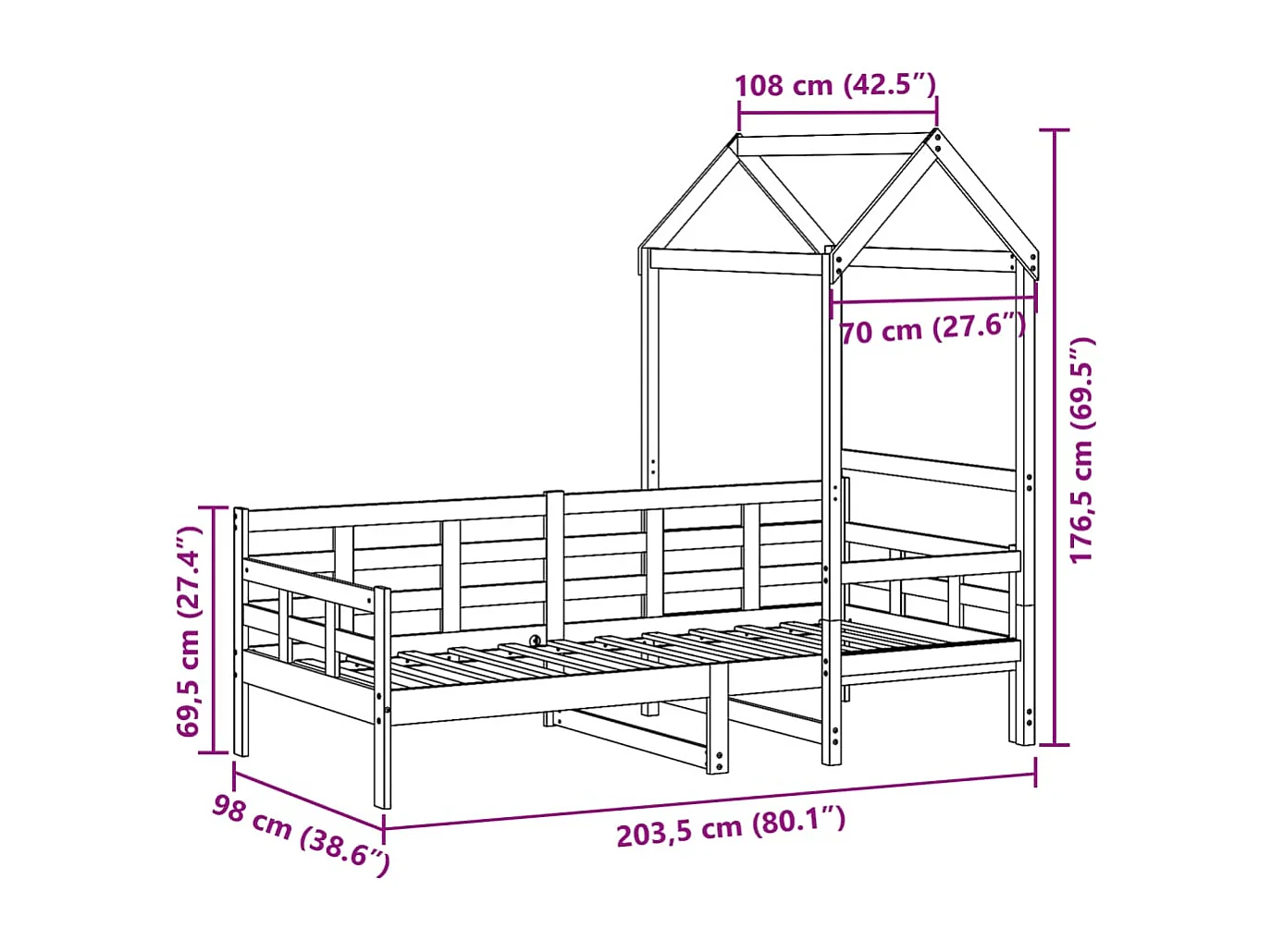 Sofá-cama com telhado 90x200 cm madeira de pinho maciça branco