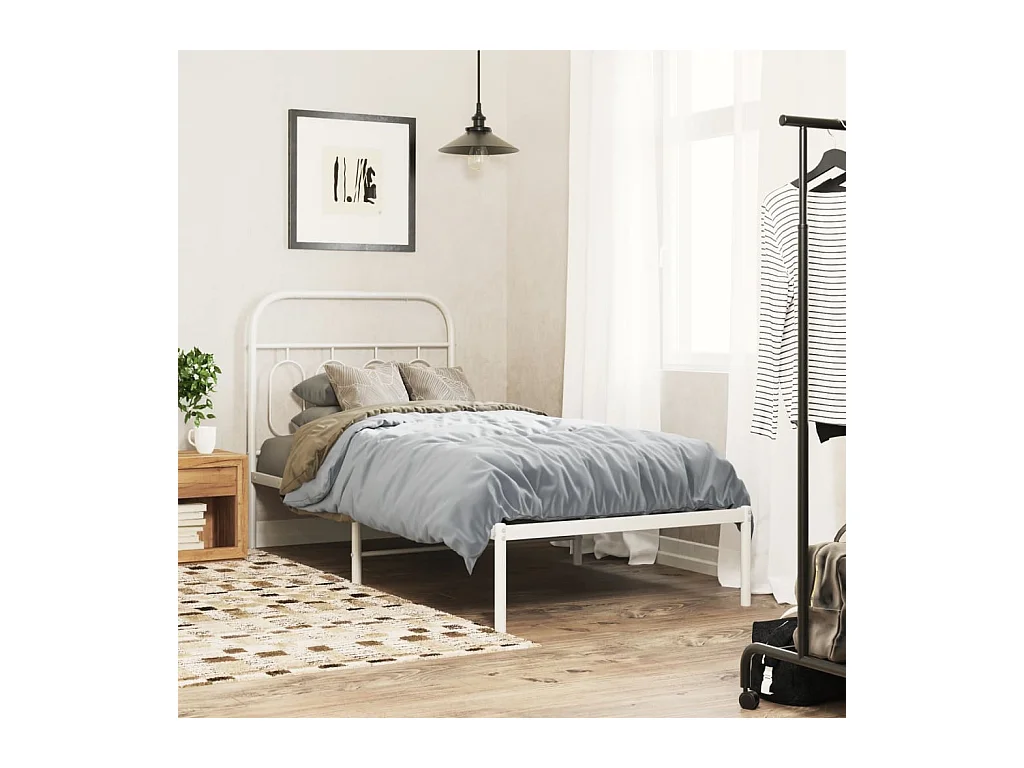 Cadre de lit métal sans matelas avec tête de lit blanc 90x200cm