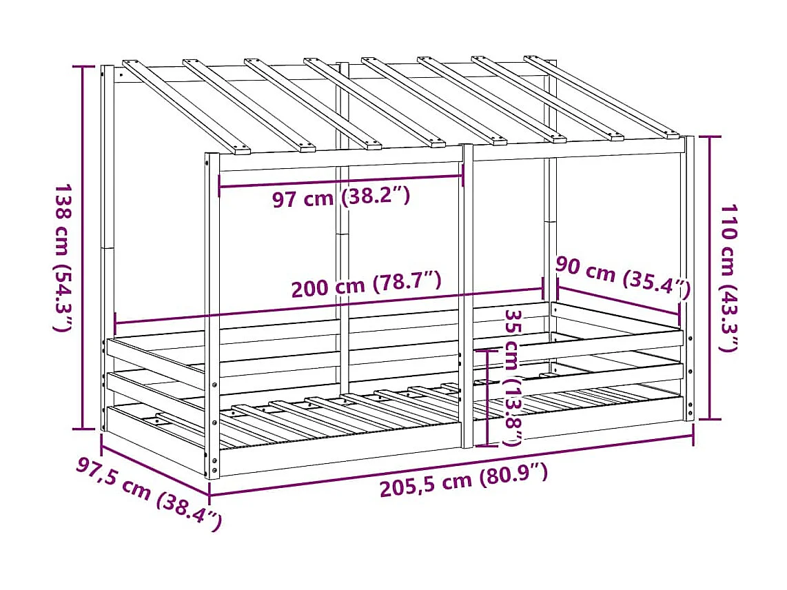Lit pour enfants sans matelas blanc 90x200 cm bois pin massif