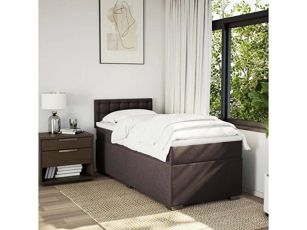 Cama box spring con colchón tela marrón oscuro 100x200 cm