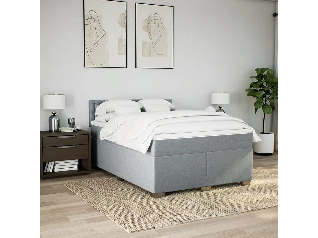 Cama box spring con colchón tela gris claro 160x200 cm