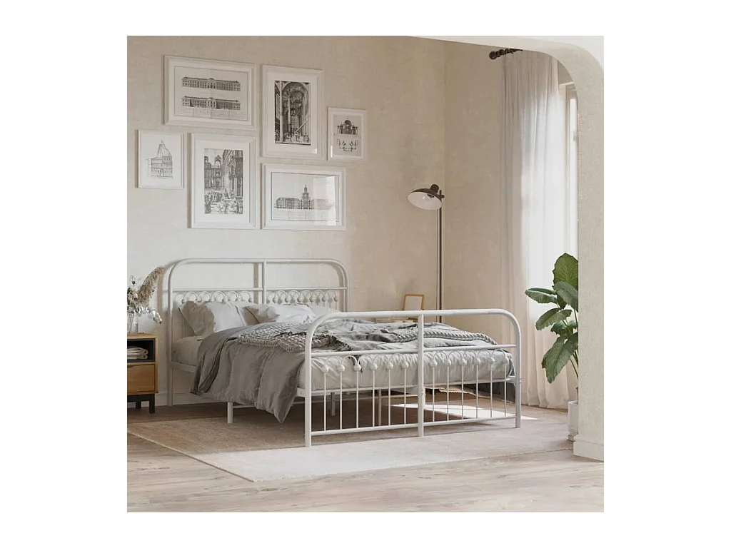 Cadre de lit métal sans matelas et pied de lit blanc 137x190 cm