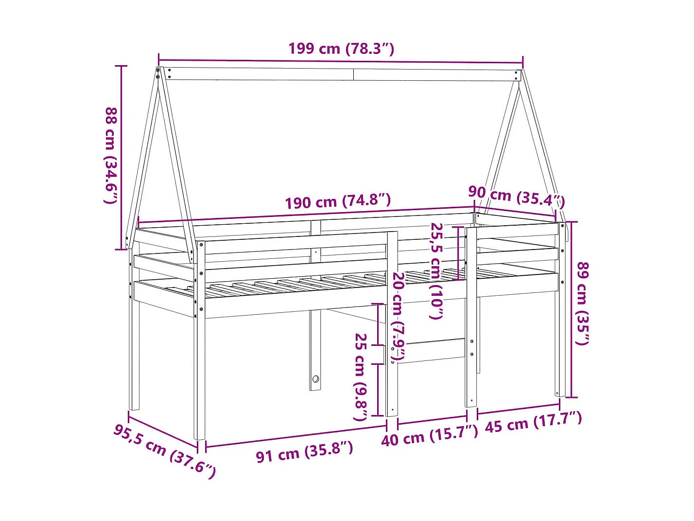 Hochbett mit Dach 90x190 cm Massivholz Kiefer