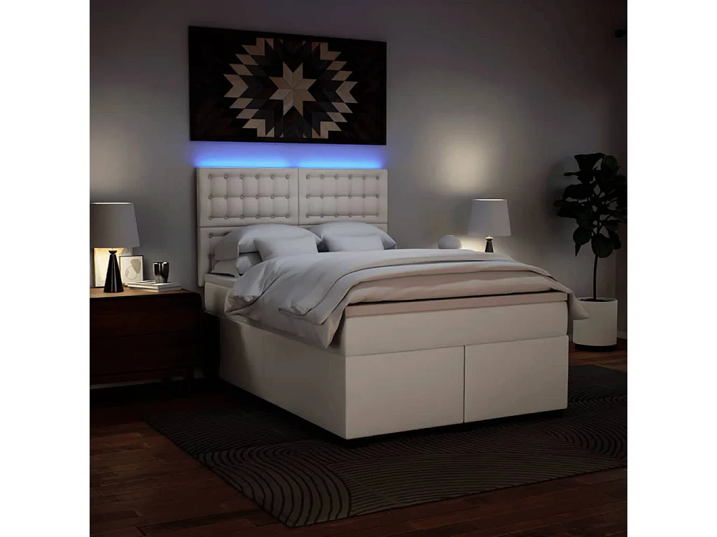 Cama box spring con colchón cuero sintético blanco 140x200cm