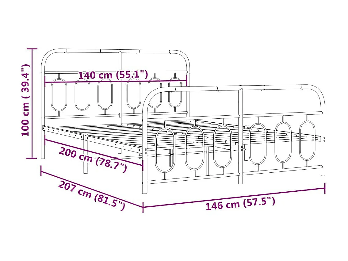 Cadre de lit métal sans matelas avec pied de lit noir 140x200cm