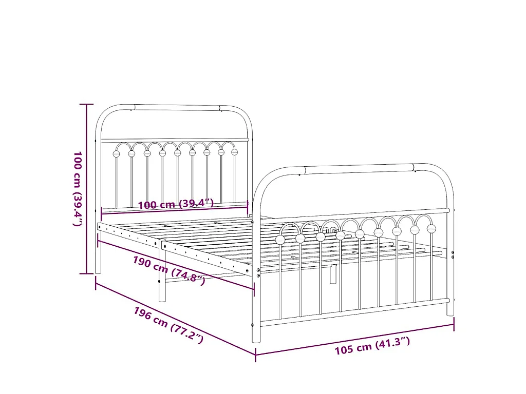 Giroletto con Testiera e Pediera Metallo Nero 100x190 cm