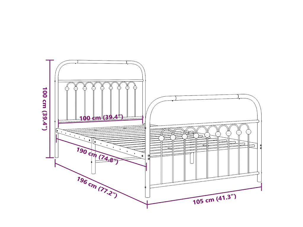 Giroletto con Testiera e Pediera Metallo Nero 100x190 cm