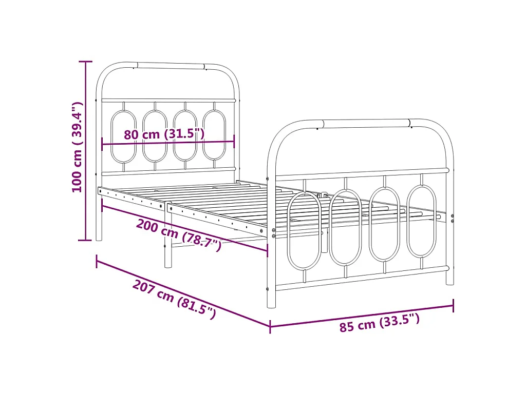 Cadre de lit métal sans matelas avec pied de lit noir 80x200 cm
