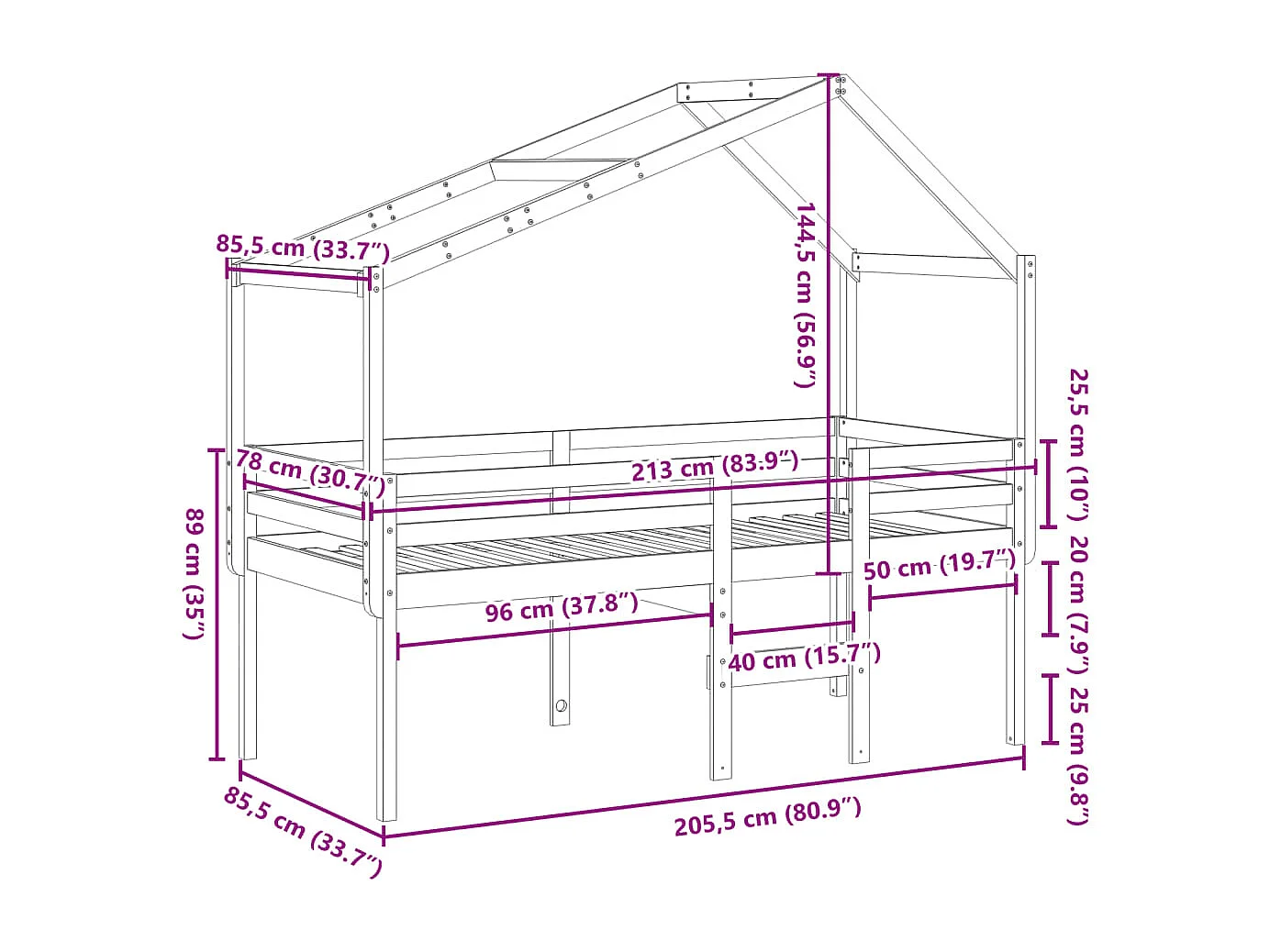 Hoogslaper met bedhuis massief grenenhout wasbruin 80x200 cm