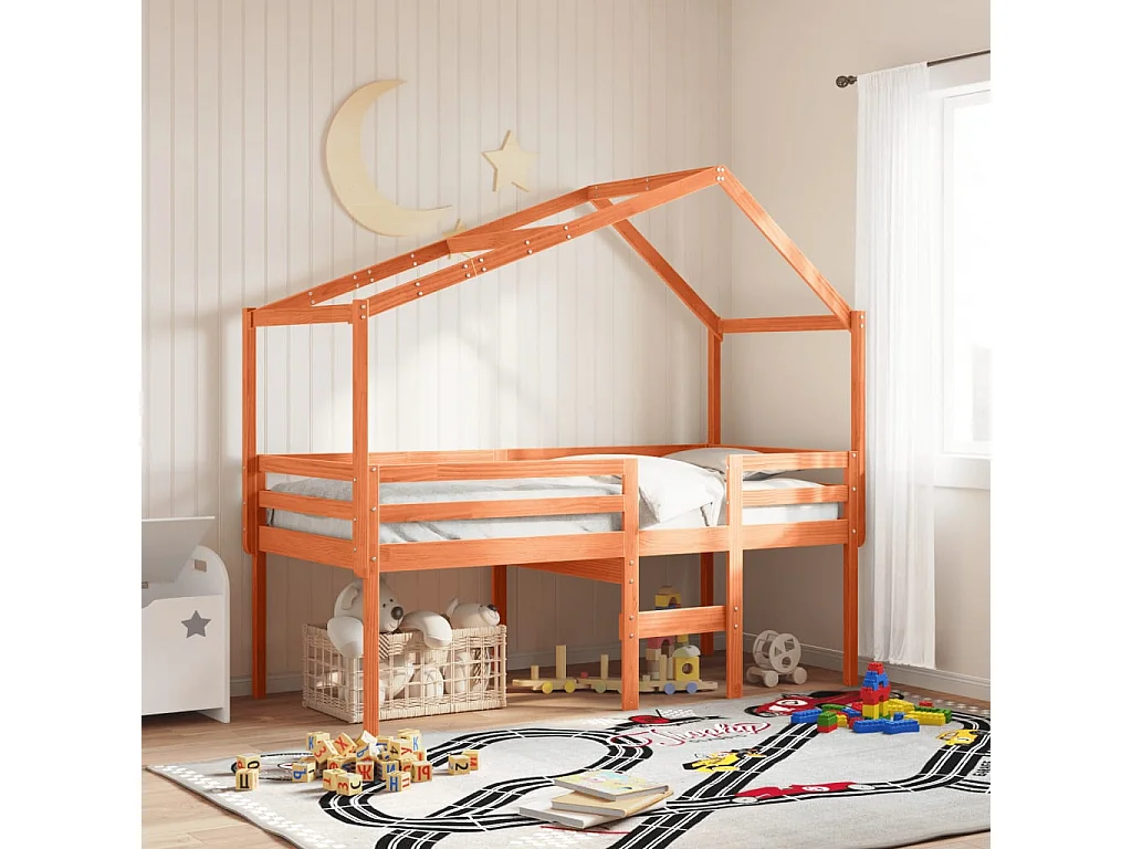 Hochbett mit Dach Wachsbraun 80x200 cm Massivholz Kiefer