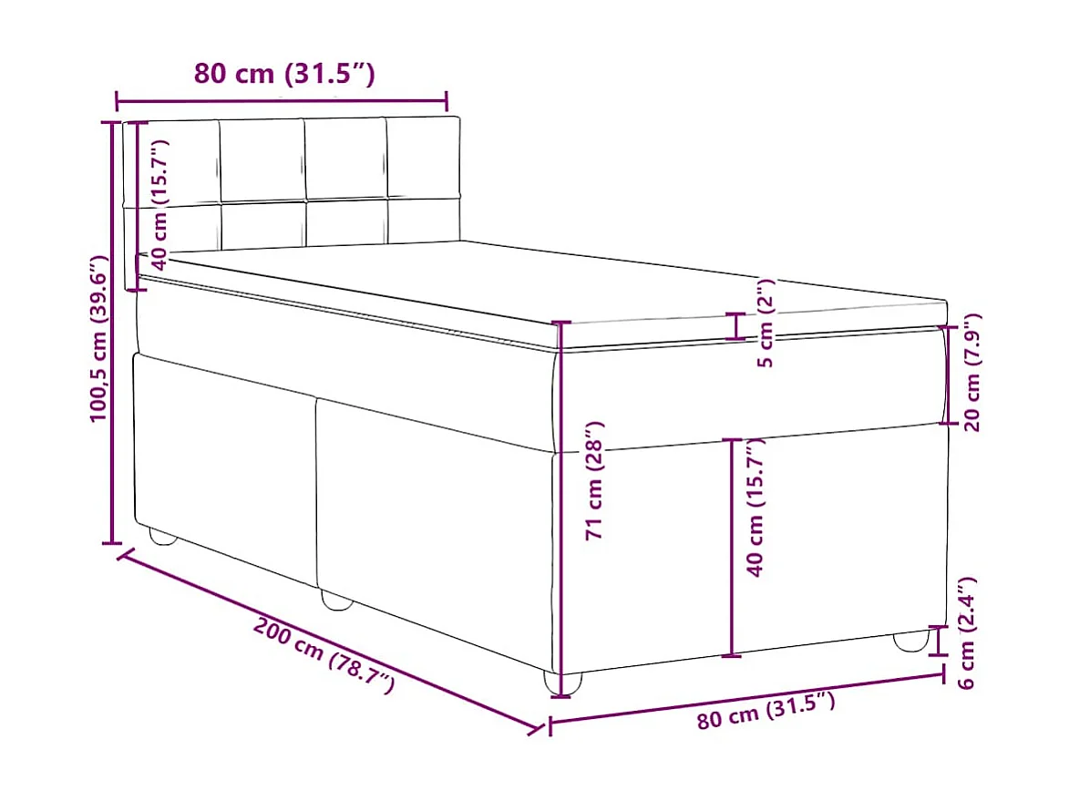 Cama box spring con colchón tela color crema 80x200 cm