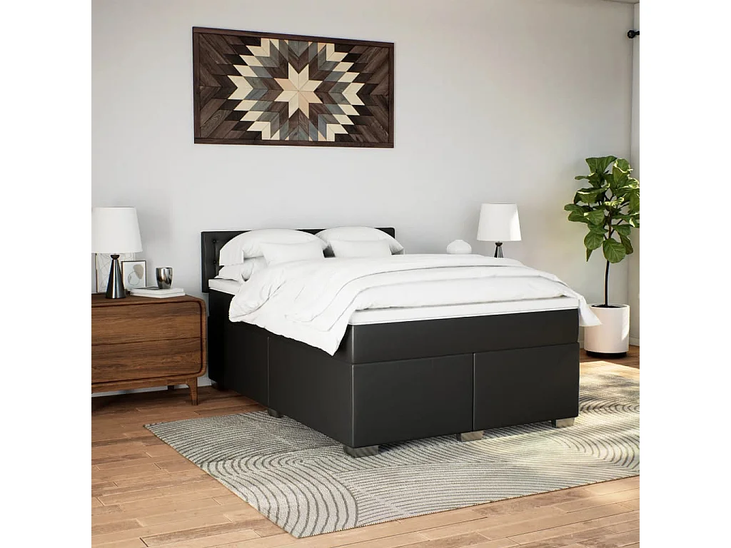Sommier à lattes de lit avec matelas Noir 140x190 cm Similicuir