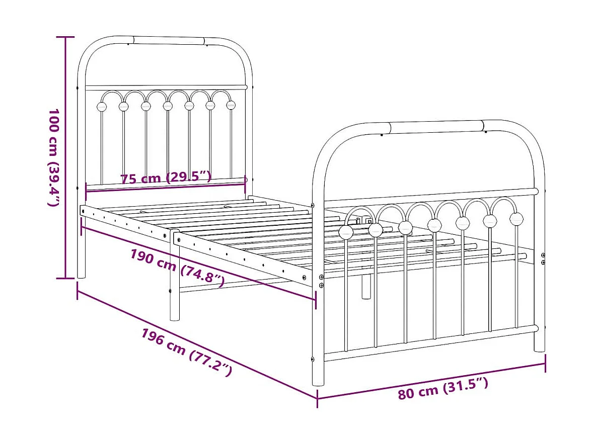 Estrutura de cama com cabeceira e pés 75x190 cm metal branco