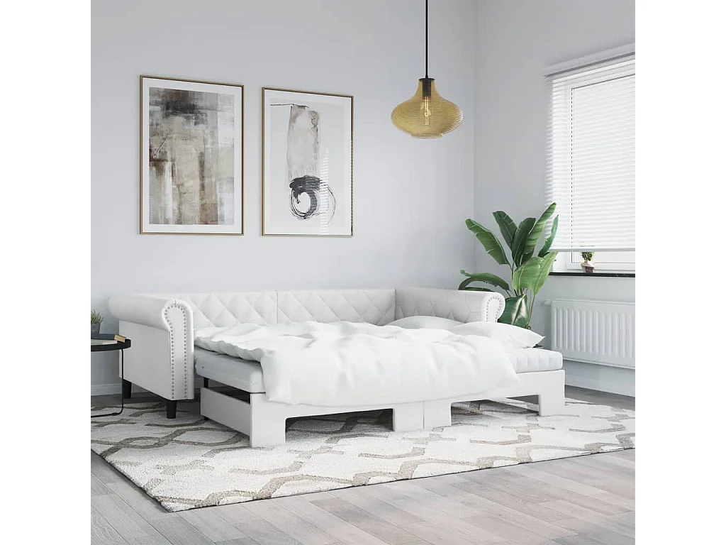 Lit de jour et lit gigogne et matelas blanc 90x200cm similicuir