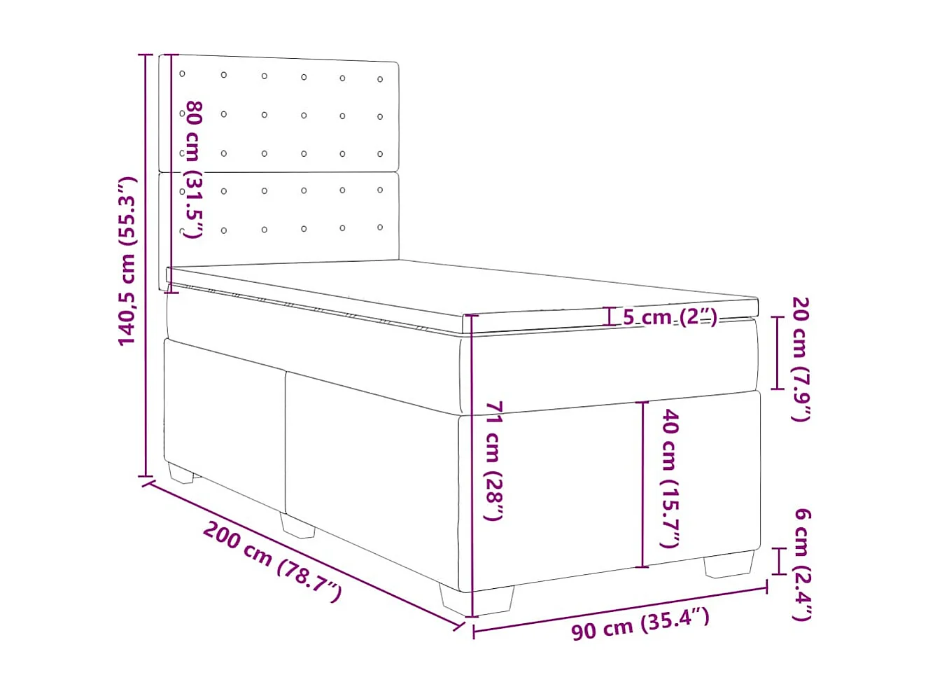 Cama box spring con colchón terciopelo azul 90x200 cm