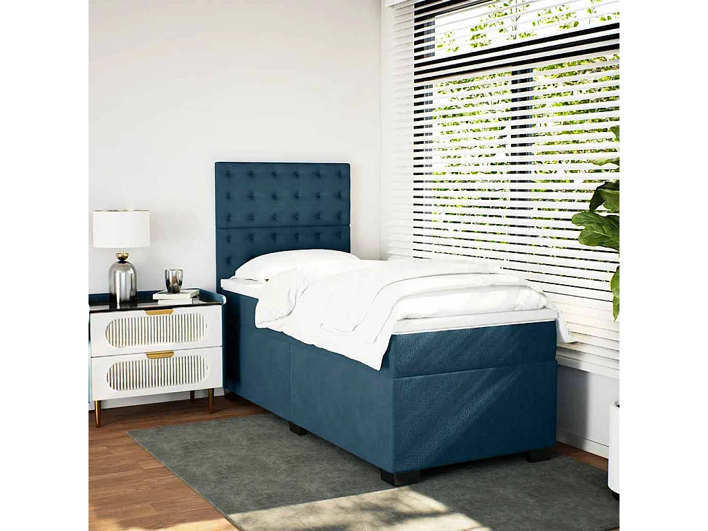 Cama box spring con colchón terciopelo azul 90x200 cm